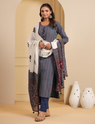 Printed blue cotton kurti set