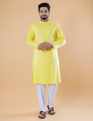 Yellow plain kurta suit in cotton