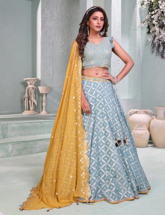 Sky blue silk lehenga choli for wedding