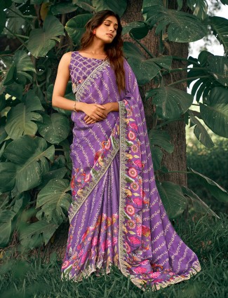 Spanish satin floral print purple saree