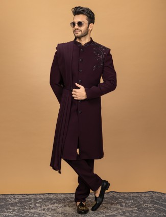 Stylish Wine Terry Rayon Indowestern
