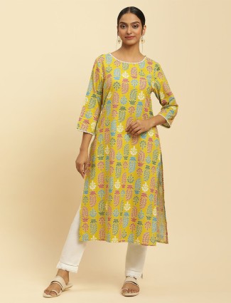 W cotton printed yellow kurti for casual