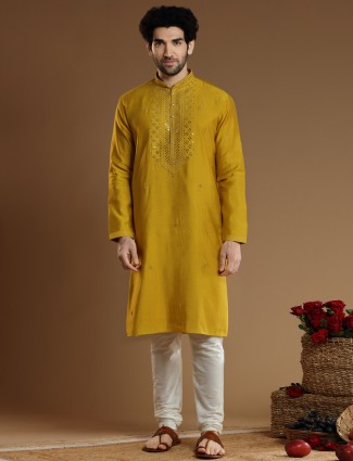 Men cotton silk kurta suit in yellow