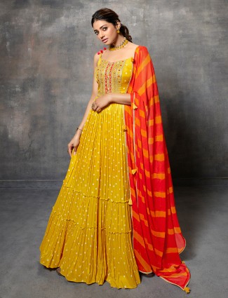 Elegant yellow printed anarkali suit