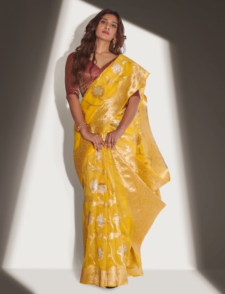Beautiful Yellow Organza Saree for Weddings