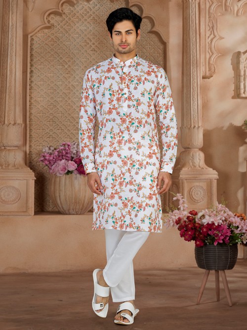 Trendy printed white cotton kurta suit