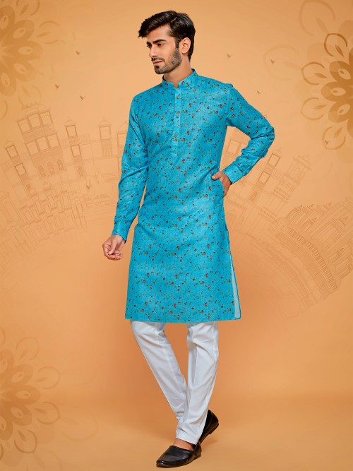 Aqua linen cotton kurta suit