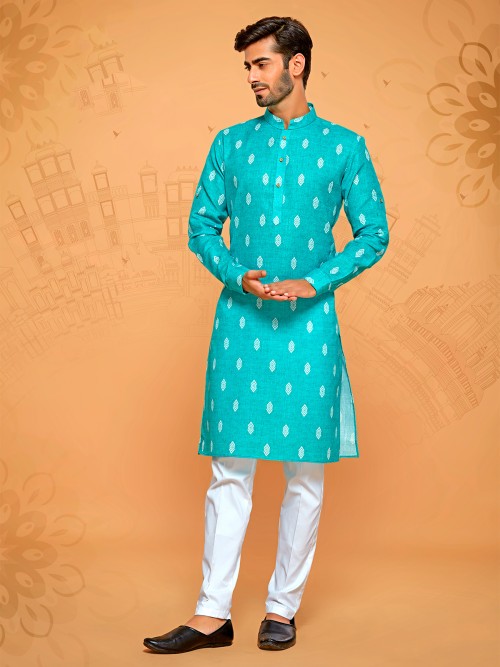Aqua linen cotton kurta suit in printed