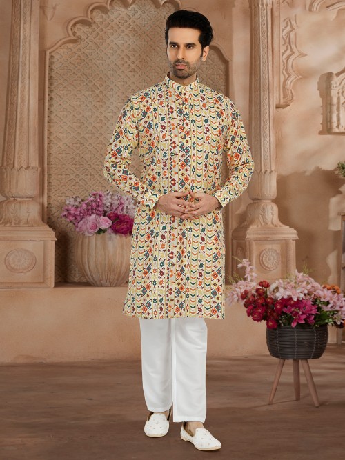 Trendy printed off-white kurta suit