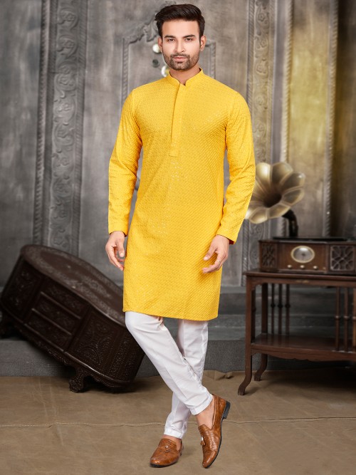 Shiny yellow cotton kurta suit