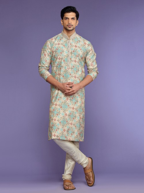 Beige and aqua printed silk kurta suit