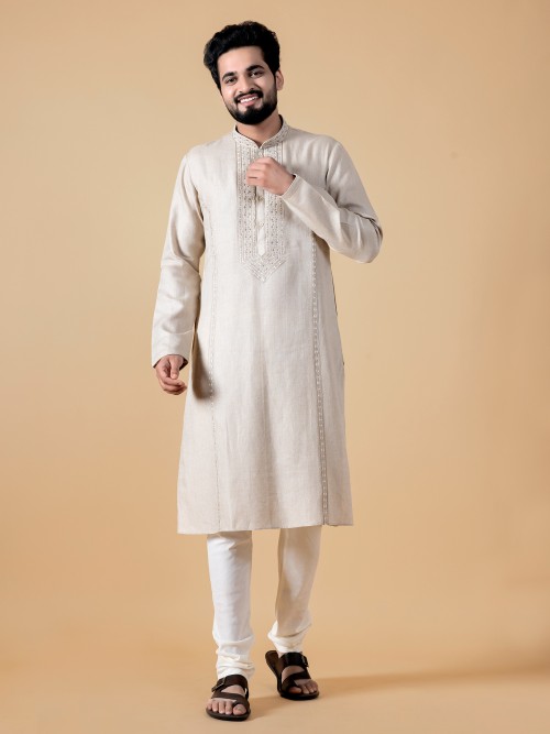 Beige linen embroidery kurta suit for festive