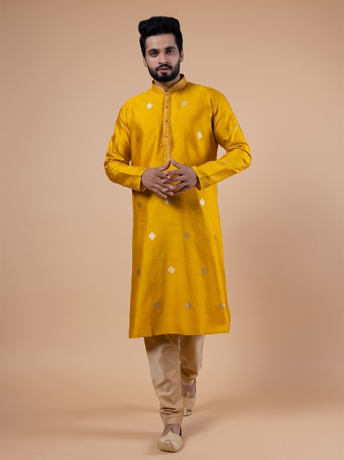 Bright yellow raw silk kurta suit
