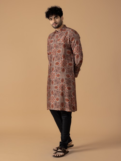 Brown printed silk kurta suit for festive