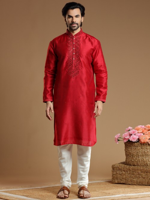 Silk kurta suit in red for festive