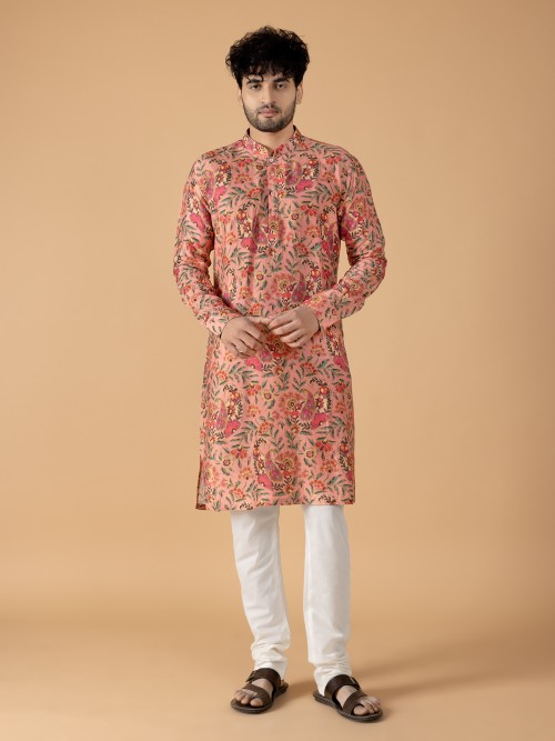 Classy silk printed kurta suit in peach