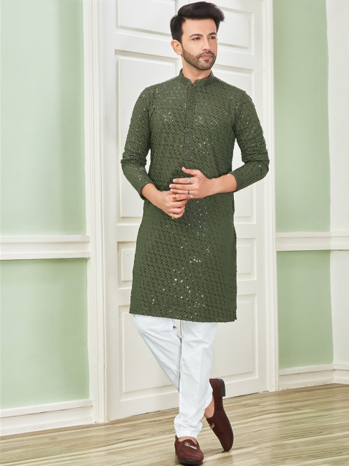 Moss green embroidery cotton kurta suit