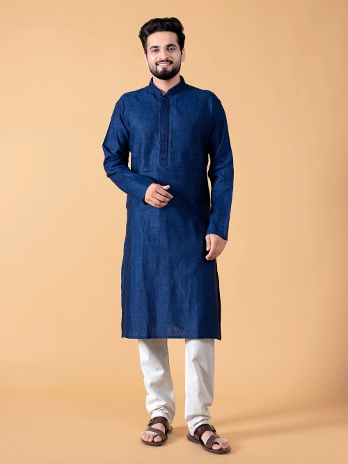 Classic plain linen dark blue kurta suit
