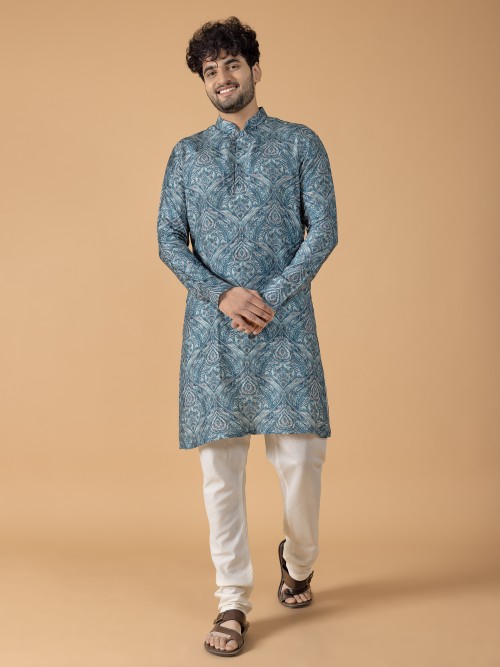 Classic teal blue printed kurta suit