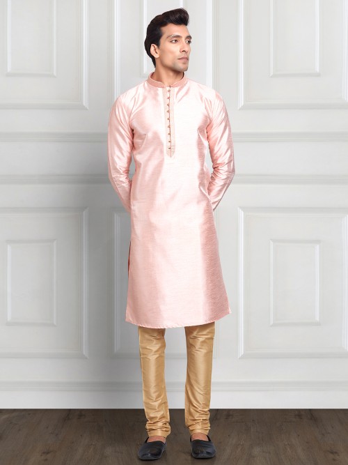 Light pink plain cotton silk kurta suit