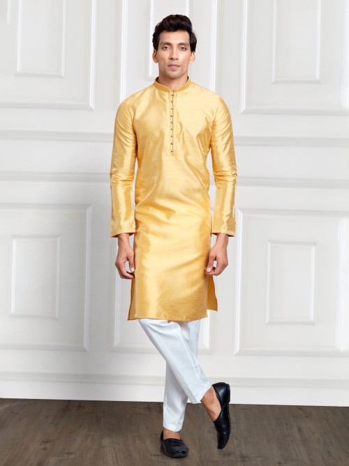 Cotton silk mustard yellow plain kurta suit