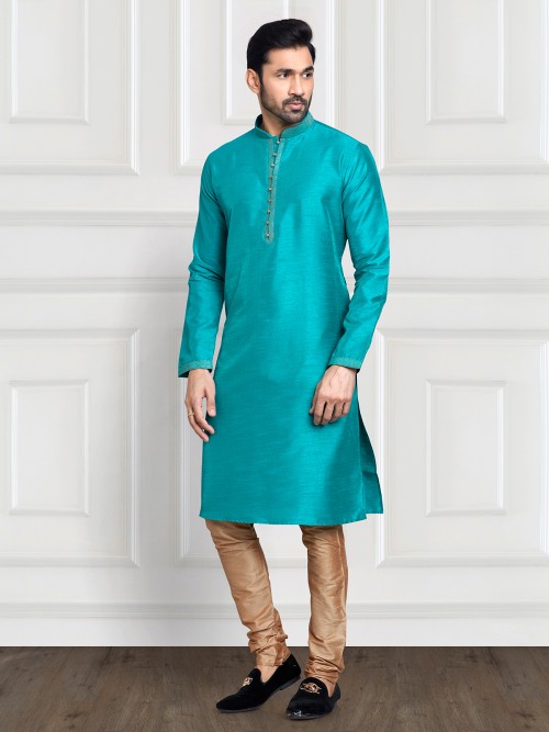 Classy rama blue cotton silk plain kurta suit