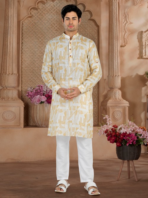 Cotton white and yellow kurta suit