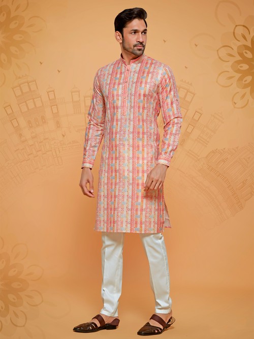 Cream and orange linen cotton kurta set