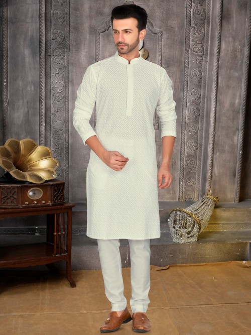Trendy cream embroidery kurta suit