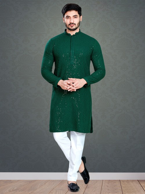 Dark green cotton embroidery kurta suit