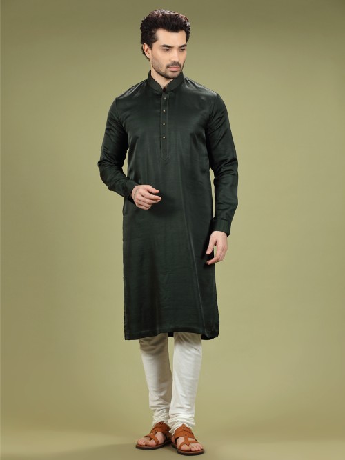 Elegant dark green silk plain kurta suit
