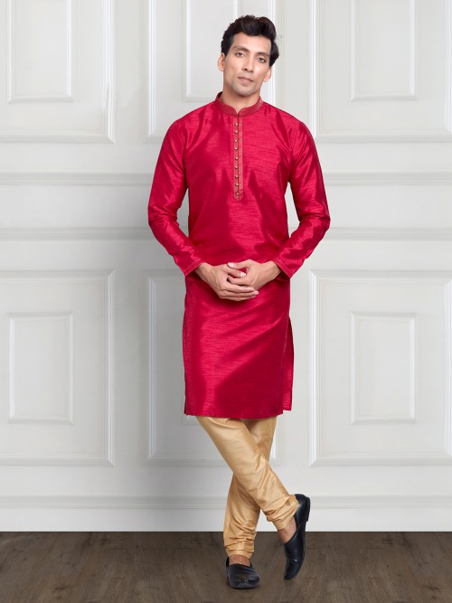 Cotton silk dark pink plain kurta suit