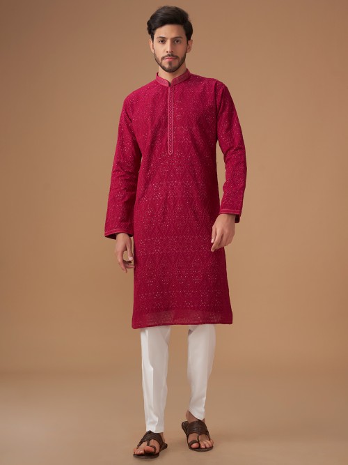Dark pink kurta suit with embroidery