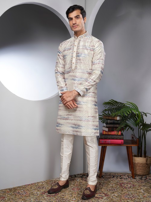 Cream silk embroidery kurta suit