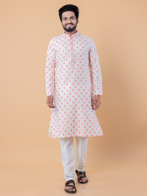 Cotton white and peach kurta suit for festive