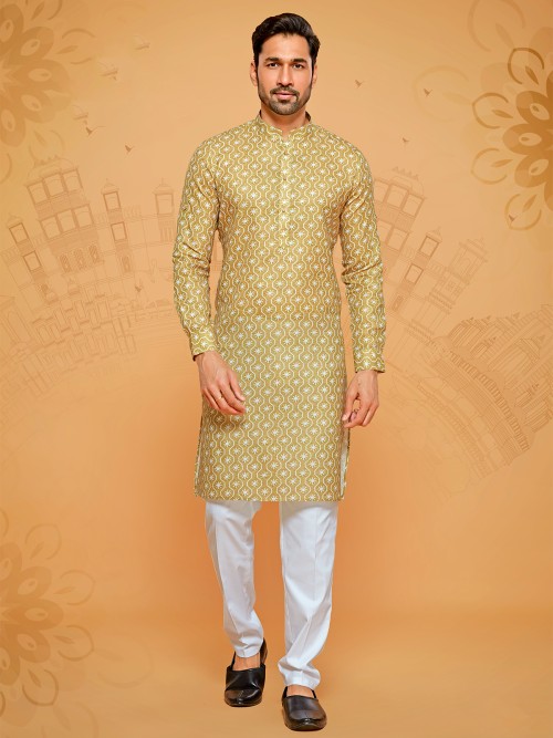 Yellow linen cotton festive kurta suit