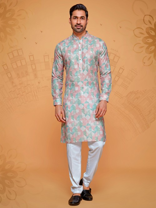 Printed linen cotton dusty peach kurta suit