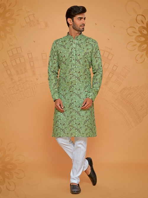 Green linen cotton printed rich kurta suit
