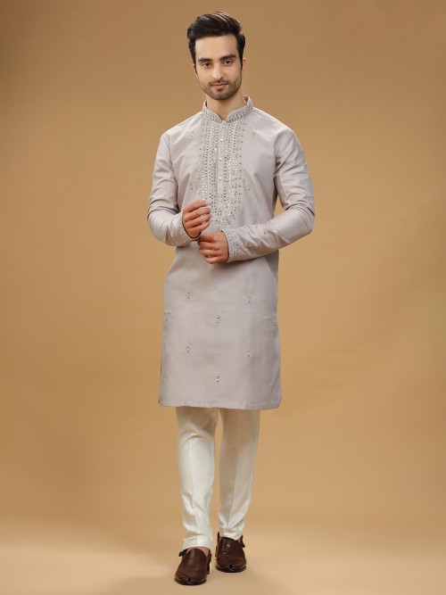Silk beige kurta suit with embroidery