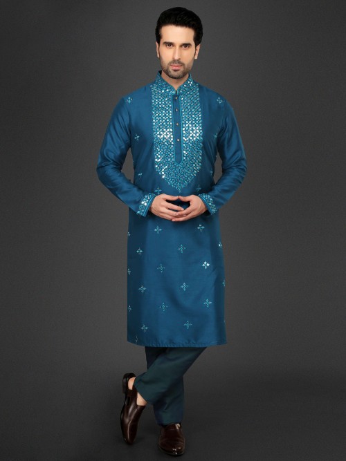 Cotton Silk Festive Kurta Suit in Rama Blue
