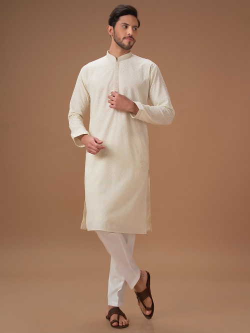 Cream embroidery kurta Pajama for Men