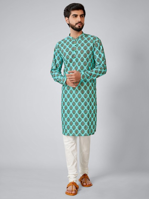 Cotton silk aqua printed kurta suit set