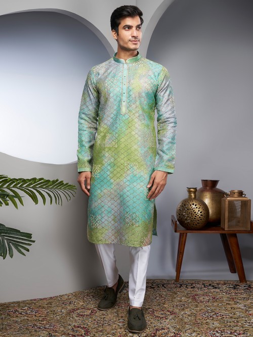 Silk green shade printed kurta suit