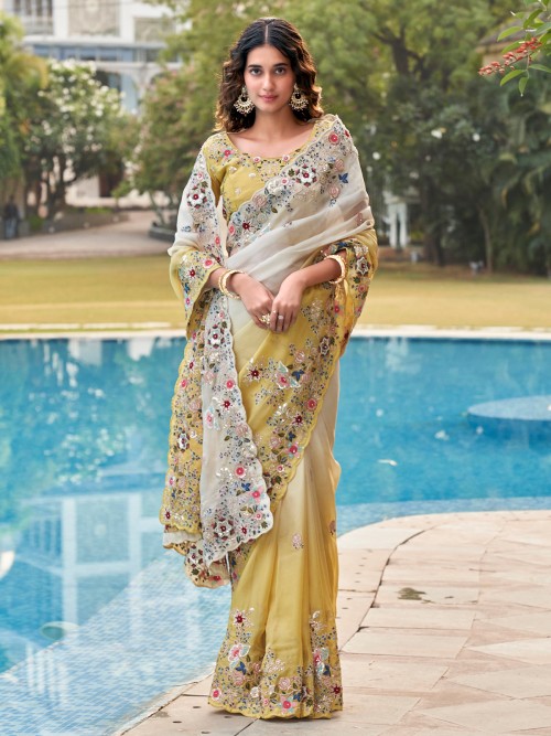 grey and yellow soft organza saree with blouse