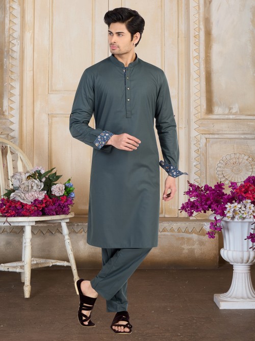 Latest plain cotton kurta suit in grey