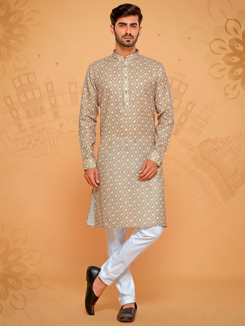 Linen cotton khaki printed kurta suit
