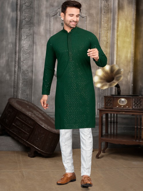 Cotton dark green kurta suit for festive