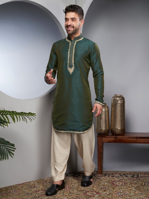 Dark green raw silk festive kurta suit
