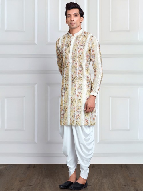 Trendy rayon cotton light yellow printed kurta suit