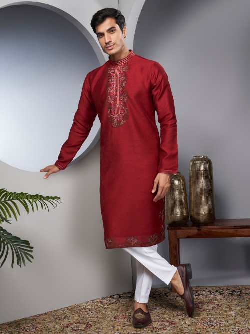 Embroidery maroon silk kurta suit